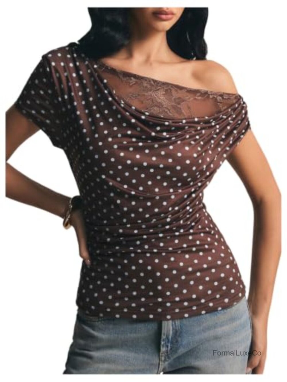 Off Shoulder Polka Dot Lace Tee Y2K Slim Fit